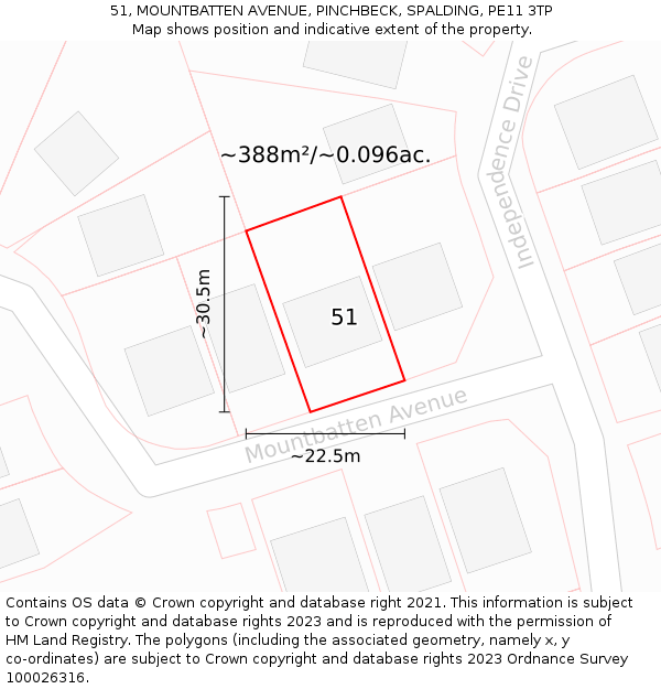 51, MOUNTBATTEN AVENUE, PINCHBECK, SPALDING, PE11 3TP: Plot and title map
