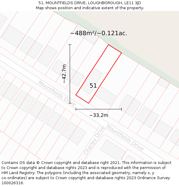 51, MOUNTFIELDS DRIVE, LOUGHBOROUGH, LE11 3JD: Plot and title map