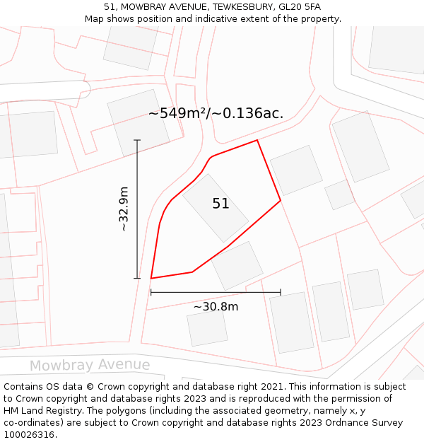 51, MOWBRAY AVENUE, TEWKESBURY, GL20 5FA: Plot and title map