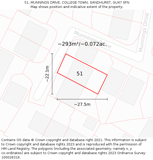 51, MUNNINGS DRIVE, COLLEGE TOWN, SANDHURST, GU47 0FN: Plot and title map