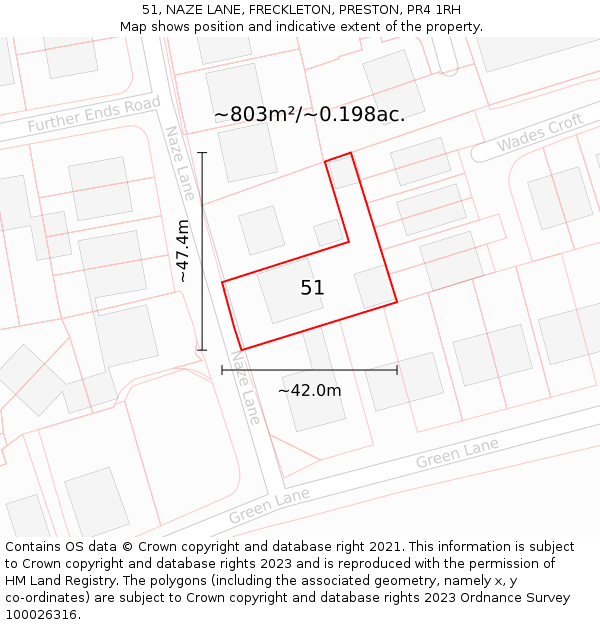 51, NAZE LANE, FRECKLETON, PRESTON, PR4 1RH: Plot and title map