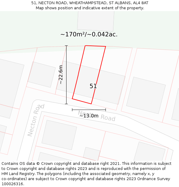 51, NECTON ROAD, WHEATHAMPSTEAD, ST ALBANS, AL4 8AT: Plot and title map