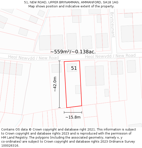 51, NEW ROAD, UPPER BRYNAMMAN, AMMANFORD, SA18 1AG: Plot and title map