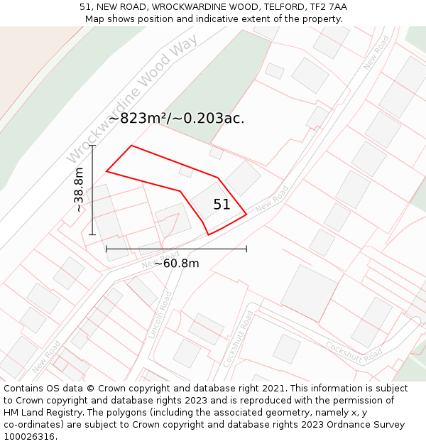 51, NEW ROAD, WROCKWARDINE WOOD, TELFORD, TF2 7AA: Plot and title map