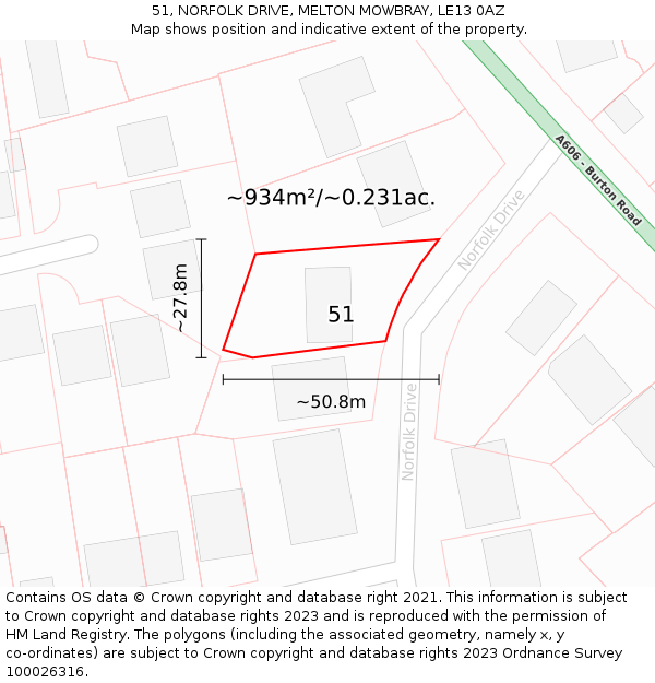51, NORFOLK DRIVE, MELTON MOWBRAY, LE13 0AZ: Plot and title map