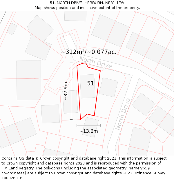 51, NORTH DRIVE, HEBBURN, NE31 1EW: Plot and title map