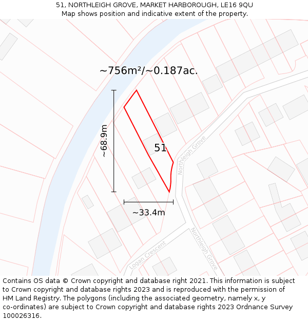 51, NORTHLEIGH GROVE, MARKET HARBOROUGH, LE16 9QU: Plot and title map