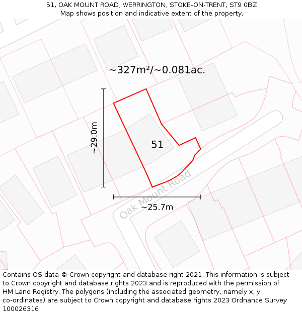 51, OAK MOUNT ROAD, WERRINGTON, STOKE-ON-TRENT, ST9 0BZ: Plot and title map
