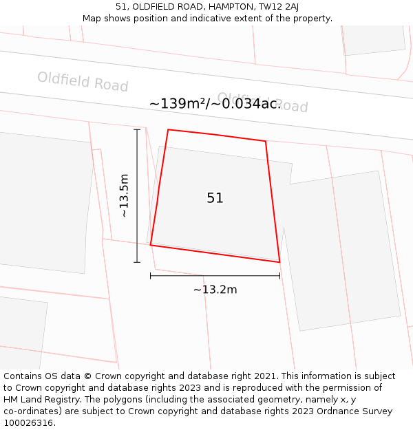 51, OLDFIELD ROAD, HAMPTON, TW12 2AJ: Plot and title map