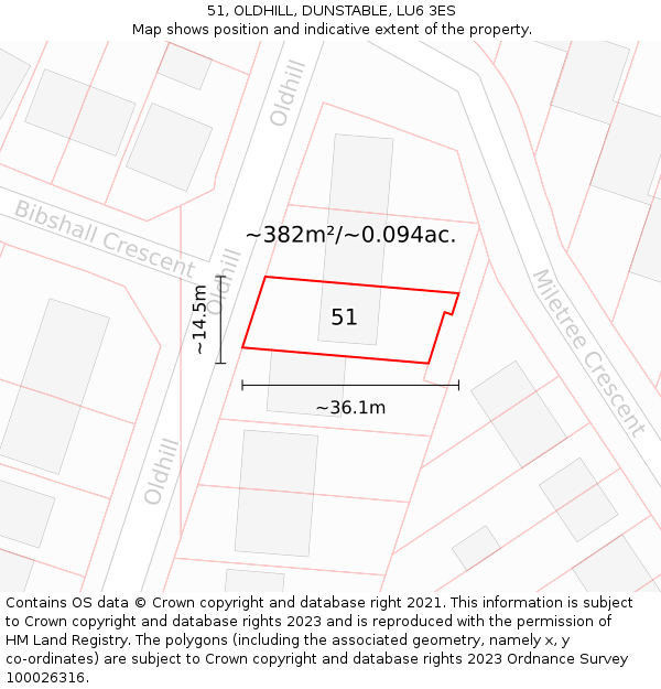 51, OLDHILL, DUNSTABLE, LU6 3ES: Plot and title map