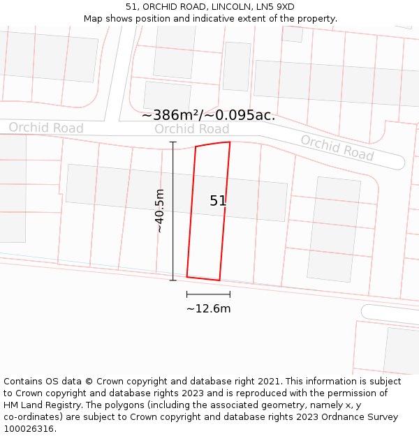 51, ORCHID ROAD, LINCOLN, LN5 9XD: Plot and title map