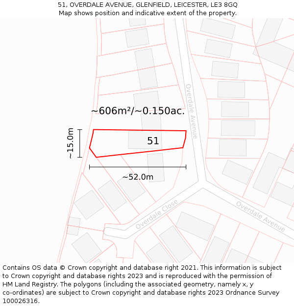 51, OVERDALE AVENUE, GLENFIELD, LEICESTER, LE3 8GQ: Plot and title map