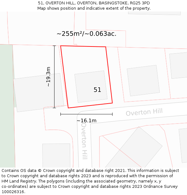 51, OVERTON HILL, OVERTON, BASINGSTOKE, RG25 3PD: Plot and title map