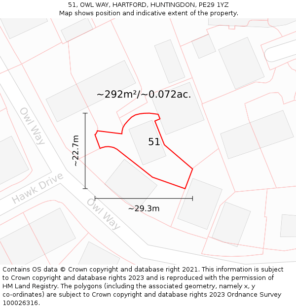 51, OWL WAY, HARTFORD, HUNTINGDON, PE29 1YZ: Plot and title map
