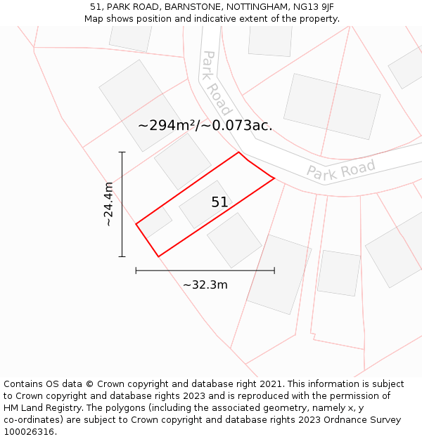 51, PARK ROAD, BARNSTONE, NOTTINGHAM, NG13 9JF: Plot and title map