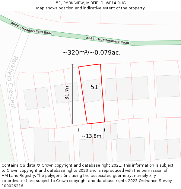 51, PARK VIEW, MIRFIELD, WF14 9HG: Plot and title map