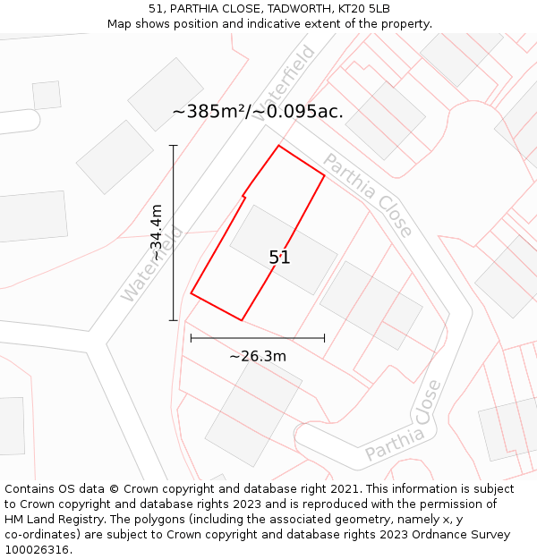 51, PARTHIA CLOSE, TADWORTH, KT20 5LB: Plot and title map
