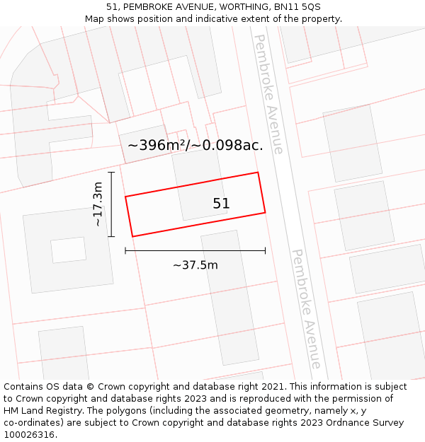 51, PEMBROKE AVENUE, WORTHING, BN11 5QS: Plot and title map