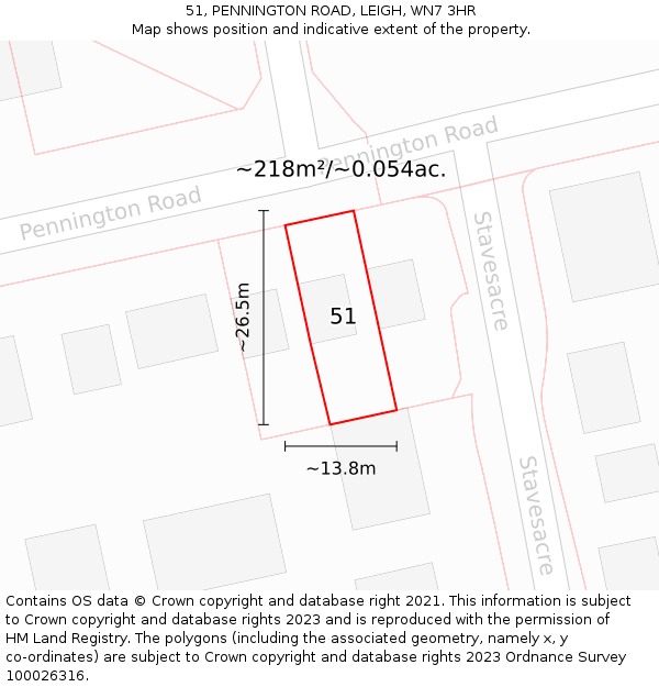 51, PENNINGTON ROAD, LEIGH, WN7 3HR: Plot and title map