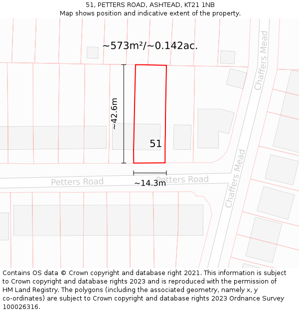 51, PETTERS ROAD, ASHTEAD, KT21 1NB: Plot and title map