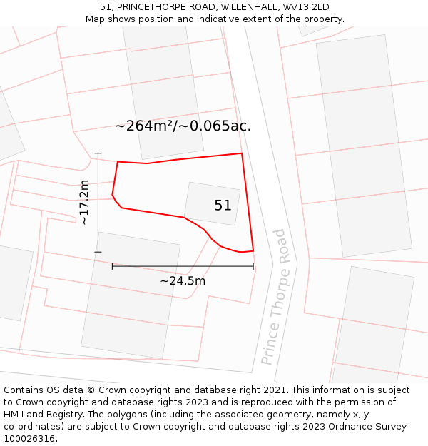 51, PRINCETHORPE ROAD, WILLENHALL, WV13 2LD: Plot and title map