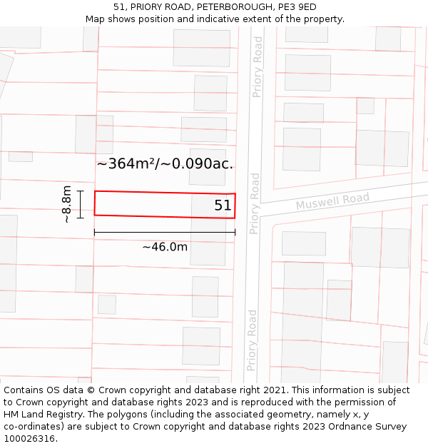 51, PRIORY ROAD, PETERBOROUGH, PE3 9ED: Plot and title map