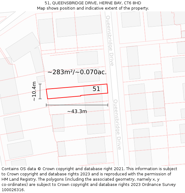 51, QUEENSBRIDGE DRIVE, HERNE BAY, CT6 8HD: Plot and title map