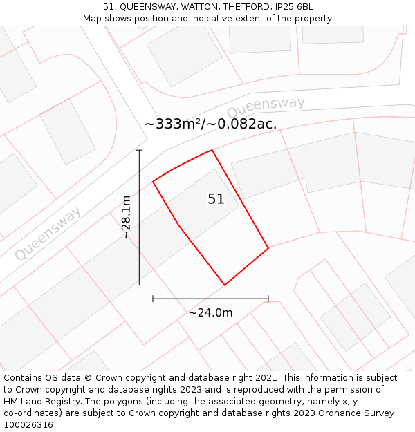 51, QUEENSWAY, WATTON, THETFORD, IP25 6BL: Plot and title map