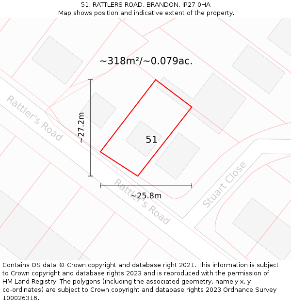 51, RATTLERS ROAD, BRANDON, IP27 0HA: Plot and title map