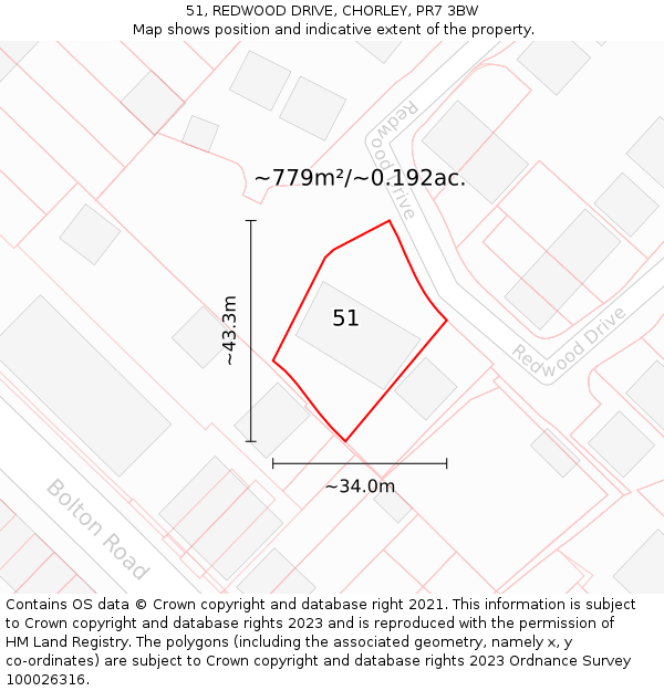 51, REDWOOD DRIVE, CHORLEY, PR7 3BW: Plot and title map