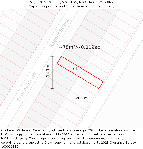 51, REGENT STREET, MOULTON, NORTHWICH, CW9 8NX: Plot and title map