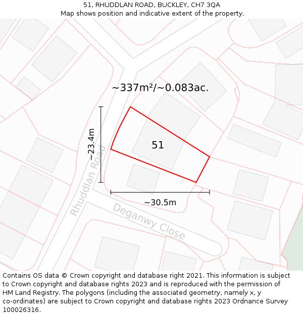 51, RHUDDLAN ROAD, BUCKLEY, CH7 3QA: Plot and title map