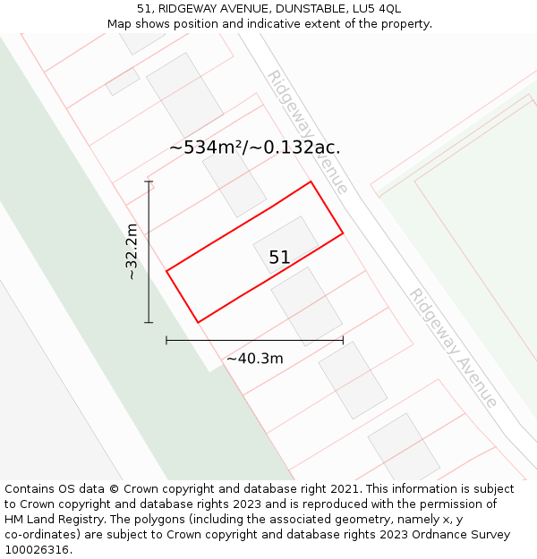 51, RIDGEWAY AVENUE, DUNSTABLE, LU5 4QL: Plot and title map