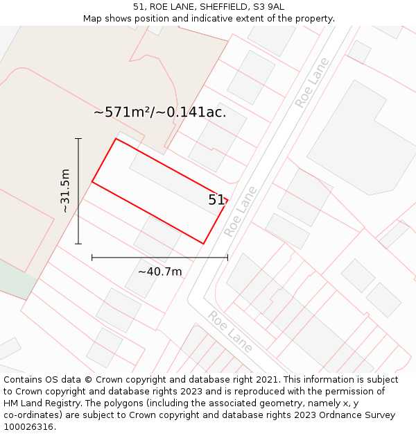 51, ROE LANE, SHEFFIELD, S3 9AL: Plot and title map