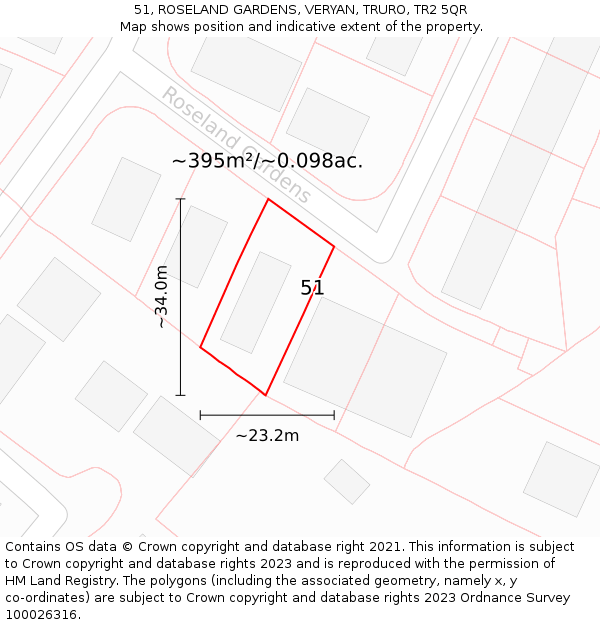 51, ROSELAND GARDENS, VERYAN, TRURO, TR2 5QR: Plot and title map