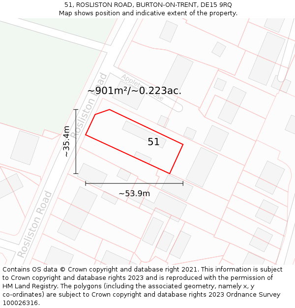 51, ROSLISTON ROAD, BURTON-ON-TRENT, DE15 9RQ: Plot and title map