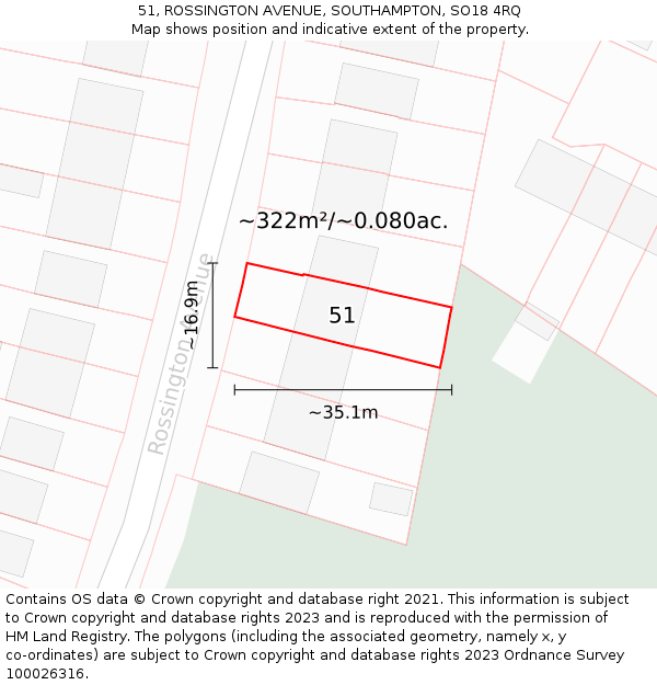 51, ROSSINGTON AVENUE, SOUTHAMPTON, SO18 4RQ: Plot and title map