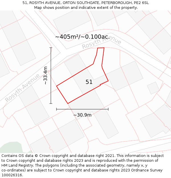51, ROSYTH AVENUE, ORTON SOUTHGATE, PETERBOROUGH, PE2 6SL: Plot and title map