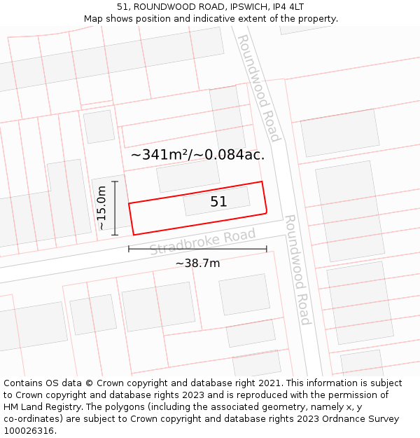 51, ROUNDWOOD ROAD, IPSWICH, IP4 4LT: Plot and title map