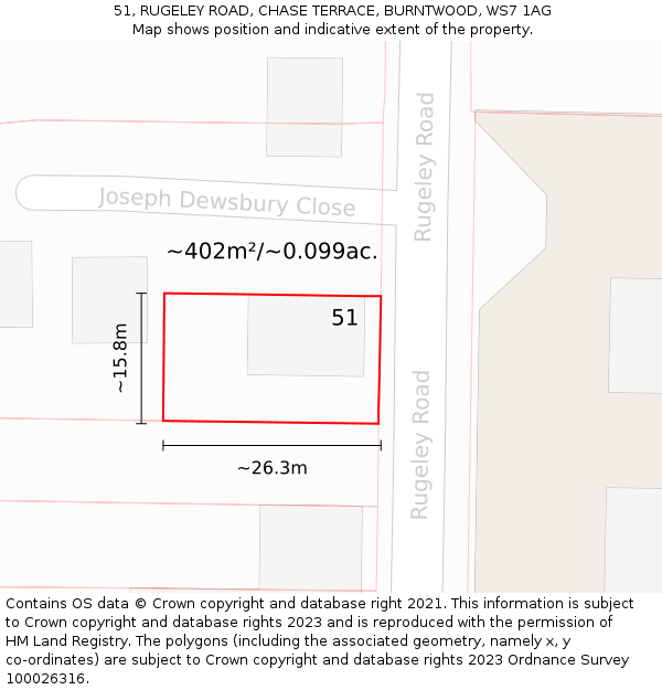 51, RUGELEY ROAD, CHASE TERRACE, BURNTWOOD, WS7 1AG: Plot and title map