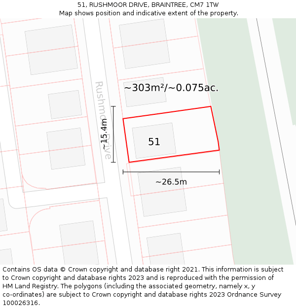 51, RUSHMOOR DRIVE, BRAINTREE, CM7 1TW: Plot and title map