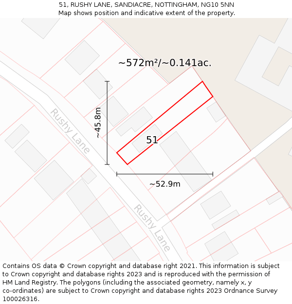 51, RUSHY LANE, SANDIACRE, NOTTINGHAM, NG10 5NN: Plot and title map