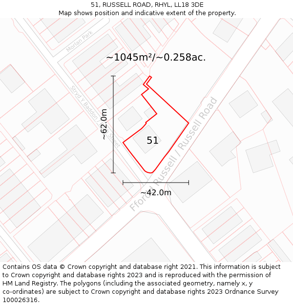 51, RUSSELL ROAD, RHYL, LL18 3DE: Plot and title map