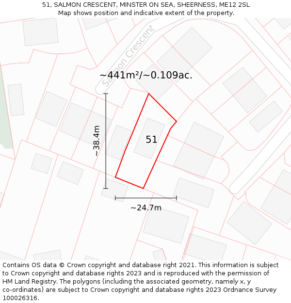 51, SALMON CRESCENT, MINSTER ON SEA, SHEERNESS, ME12 2SL: Plot and title map