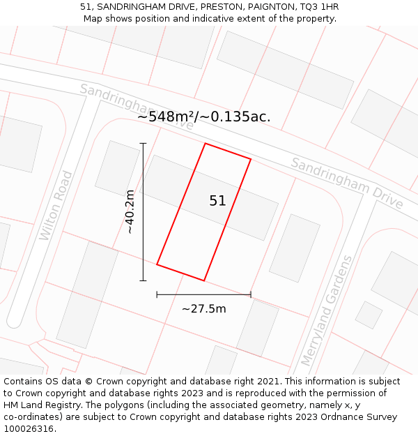 51, SANDRINGHAM DRIVE, PRESTON, PAIGNTON, TQ3 1HR: Plot and title map