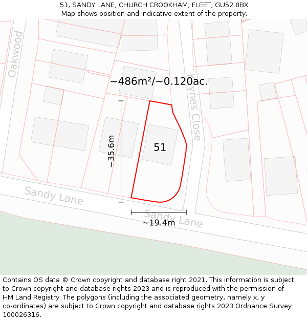 51, SANDY LANE, CHURCH CROOKHAM, FLEET, GU52 8BX: Plot and title map
