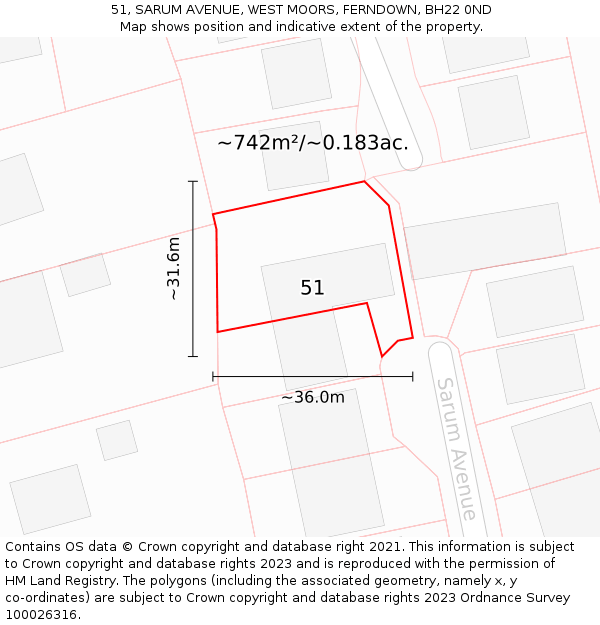 51, SARUM AVENUE, WEST MOORS, FERNDOWN, BH22 0ND: Plot and title map