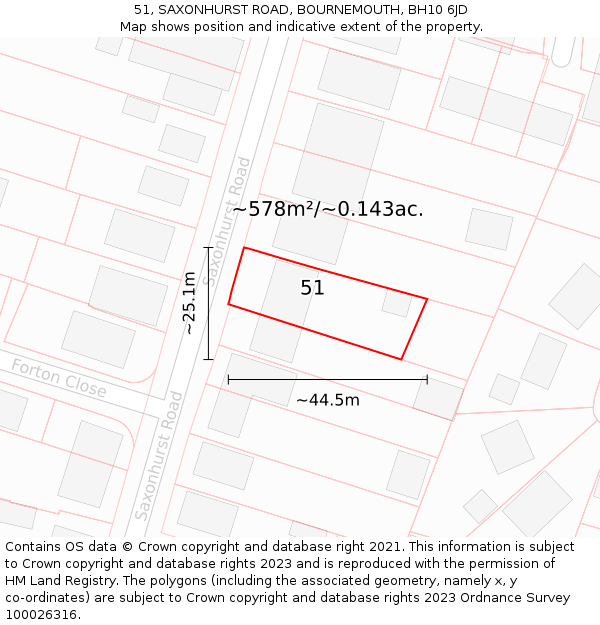 51, SAXONHURST ROAD, BOURNEMOUTH, BH10 6JD: Plot and title map