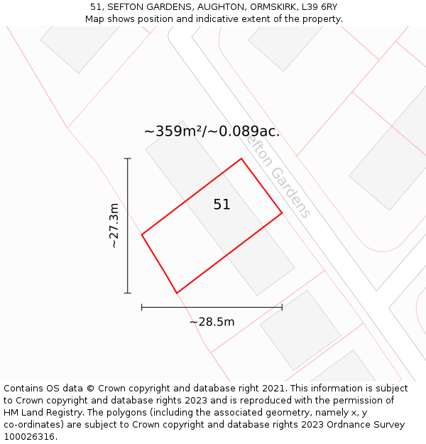 51, SEFTON GARDENS, AUGHTON, ORMSKIRK, L39 6RY: Plot and title map