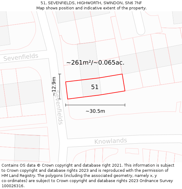 51, SEVENFIELDS, HIGHWORTH, SWINDON, SN6 7NF: Plot and title map